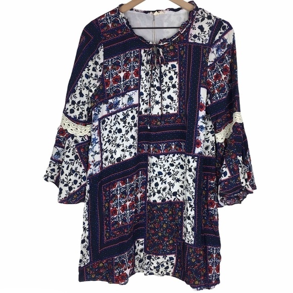 ENTRO Dress Patchwork Bell Sleeve Boho Prairie Peasant Hippie Gypsy Tunic Large - Picture 1 of 16